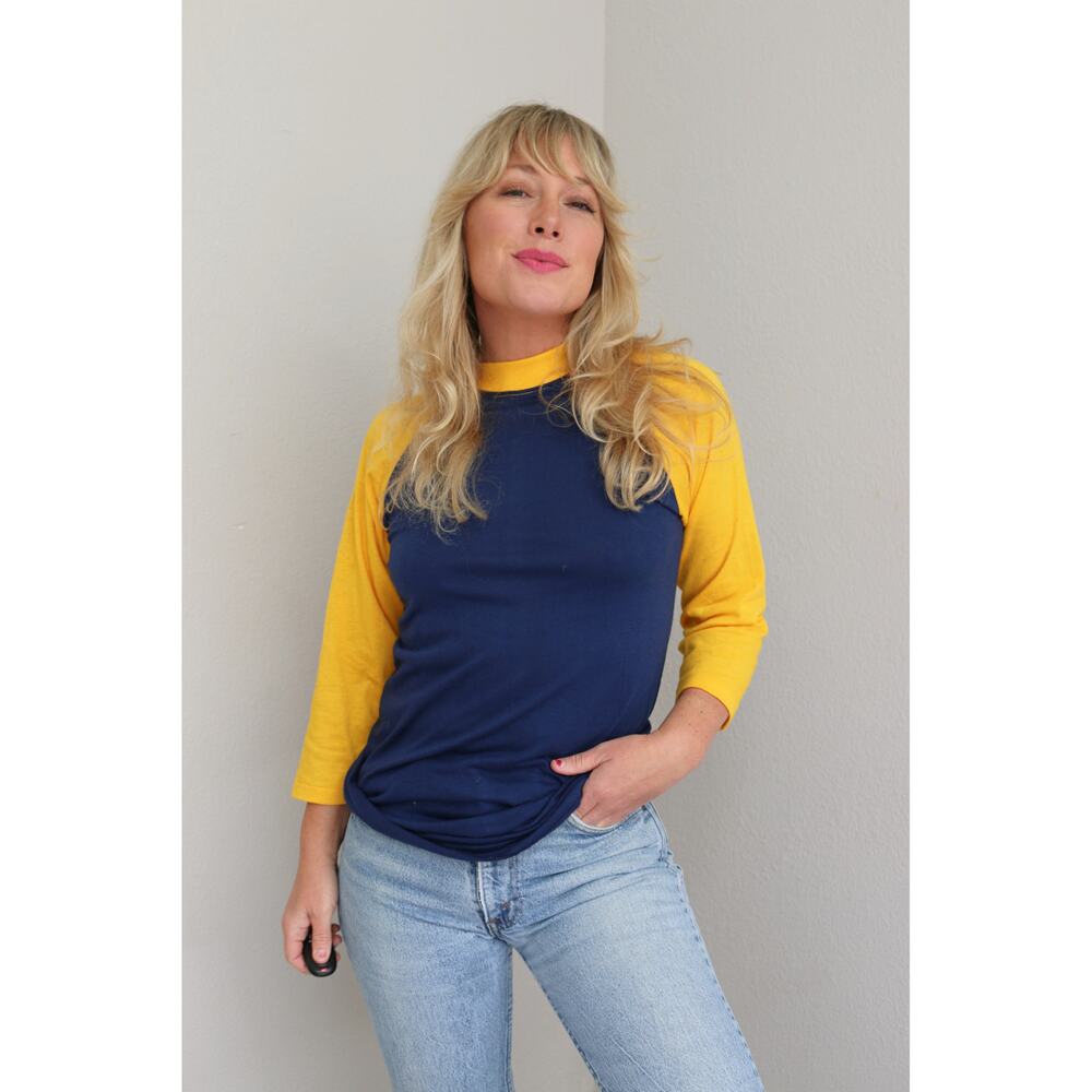 1980's Deadstock Vintage Navy Blue & Yellow Raglan Ringer Shirt ~ Women's MD LG
